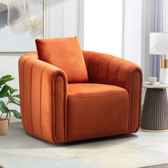 30.5 in. W Orange Modern Soft Velvet Arm Chair with Swivel Upholstered Barrel Accent Chair with Pillow